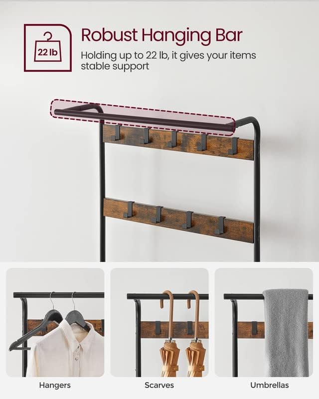 VASAGLE Coat Rack, Hall Tree with Shoe Bench, 4-in-1, 9 Removable Hooks - Image 4