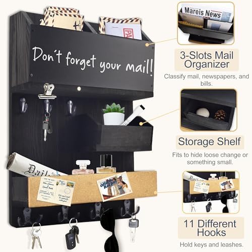 Mail Organizer Wall Mounted with Key Holder, Shelf, Midnight Black - Image 5