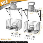 ThreeHio 2 Pack Garage Shelves Wall Mounted with Wire Baskets, Heavy Duty Garage Wall Shelving with Hooks, Wire Shelf Baskets Tool Organizer for Home Garden Garage Organization and Storage - Image 3