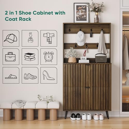 Smuxee Shoe Cabinet with 2 Flip Drawers & Coat Rack Hooks, 31.5" Walnut Hidden Shoe Storage Cabinet, 2-in-1 Hall Tree Slim Freestanding Shoe Rack Organizer for Entryway, Hallway, Living Room - Image 7