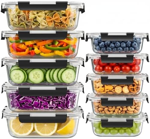 10 Sets 36 oz & 12 oz Glass Food Storage Containers with lids, Black by Dealusy