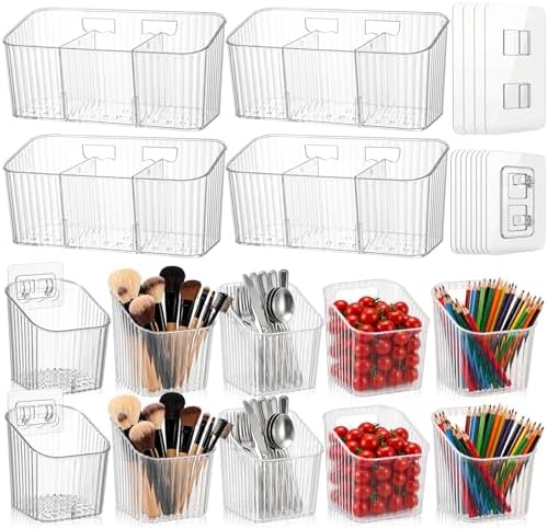 14 Pack Cabinet Door Organizer Adhesive Wall Mount Storage Bins Makeup Containers Stackable Organizer Basket for Kitchen Cabinets, Bathroom, Pantry, Office, Refrigerator (Frosted Clear) by Ferrochef