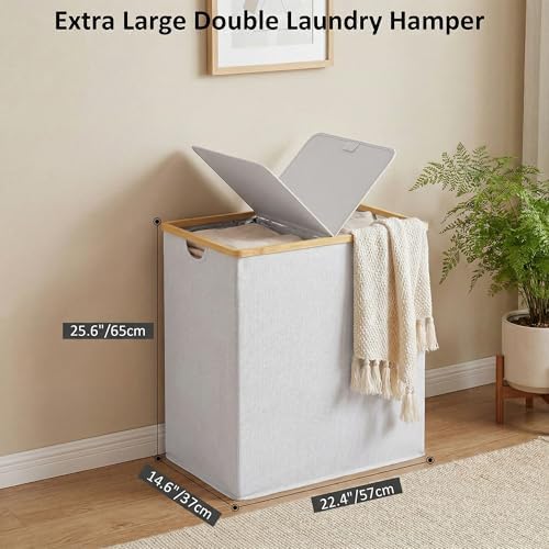 efluky Double Laundry Hamper with Lid and 2 Removable Bags, Light Grey - Image 5