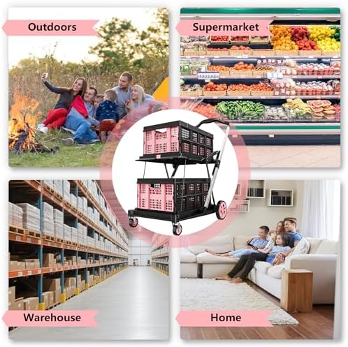 8-in-1 Max 200LBS Collapsible Shopping Cart on Wheels with 2 Storage Crates, Portable Foldable Shopping Cart with Foot Brake for Picnic, Supermarket, Office, Pink-2026 Upgraded - Image 6