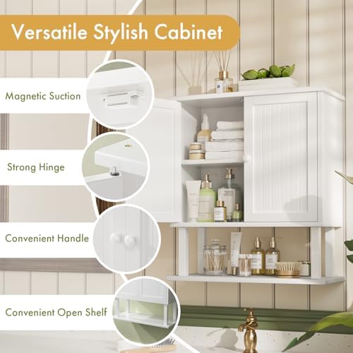 AmazerBath Bathroom Wall Cabinets, Bamboo Over The Toilet Storage Cabinet with Adjustable Shelves, Large Wall Mounted Medicine Cabinets with 2 Doors for Small Spaces, White, 9x21.3X 23.8 Inches - Image 4
