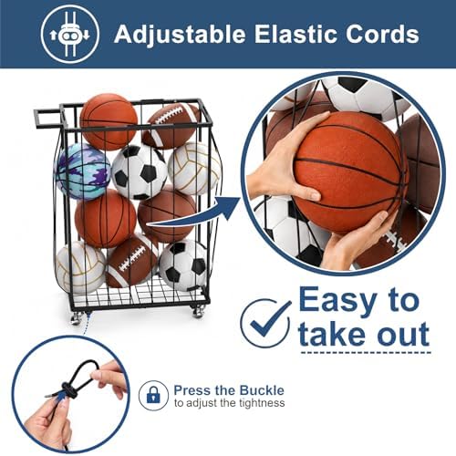Garage Ball Storage Rack with Wheels, Metal Sports Ball Holder - Image 4