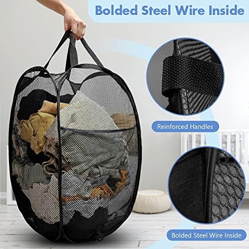 2 Pack Pop Up Laundry Hampers, 70 L Collapsible Foldable Mesh Basket, Black - Image 3