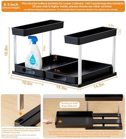 Yieach 2 Pack 10.8″ High Pull Out Under Sink Organizer,14.5″ Deep 2 Tier Slide Out Cabinet Organizer for Kitchen Cabinet,Undersink Organizers,Under Sink Shelves,Bathroom Organizers and Storage,Black - Image 3