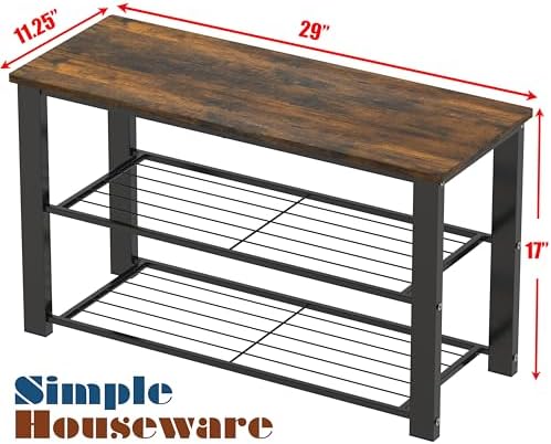 Simple Houseware Wooden Top Shoe Rack Bench for Entryway, Rustic Brown - Image 3