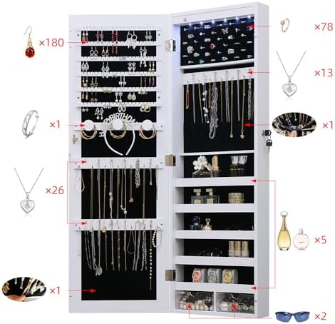 LED Jewelry Cabinet Armoire Organizer,Wall/Door Mount Jewelry Organizer and Storage with Full-Length Mirror Hanging Jewelry Organizer Full Length Mirror with Storage Large Capacity White - Image 3