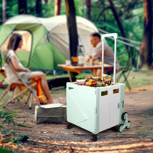 76L Folding Utility Cart Portable Rolling Crate Handcart Shopping Collapsible Tool Box with Stair Climbing Wheels,Hidden Lid,2 Rotate Wheels,for Grocery,Shopping,Office,Storage(Green White) - Image 2
