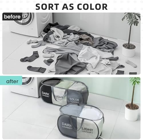 Collapsible Laundry Baskets with 2 Compartments, Black + Begie - Image 5