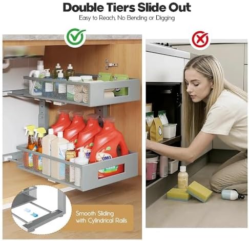 Under Sink Organizer,2-Tier Dual Pull Out Cabinet Organizer Drawers With Smooth Circular Rail,Large Capacity Metal Mesh Sliding Shelves For Bathroom& Kitchen Storage,Height Adjustable–Gun Gray,2 Packs - Image 4
