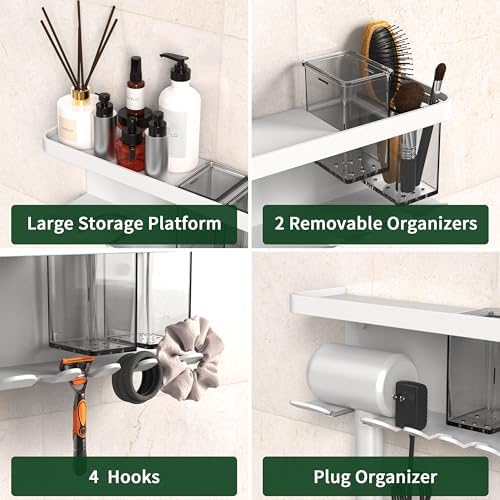 Hair Dryer Holder Wall Mounted Adhesive/Drilling, Hair Dryer Storage Organizer with Shelf & Hooks for Bathroom, Blow Dryer Holder, Hair Tool Organizer (White) - Image 3
