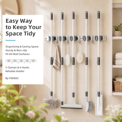 Foensc 5 Racks and 4 Hooks Mop and Broom Holder Wall Mount, Improved Non-Slip Broom Hanger Wall Mount, Self Adhesive Broom Organizer Storage Tool Racks for Home Kitchen Garden Laundry Garage - Image 2