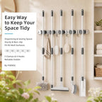 Foensc 5 Racks and 4 Hooks Mop and Broom Holder Wall Mount, Improved Non-Slip Broom Hanger Wall Mount, Self Adhesive Broom Organizer Storage Tool Racks for Home Kitchen Garden Laundry Garage - Image 2