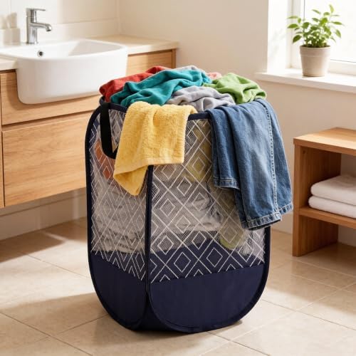 100L Extra Large Mesh Pop Up Laundry Hamper 2 Pack. Blue Travel Basket - Image 4