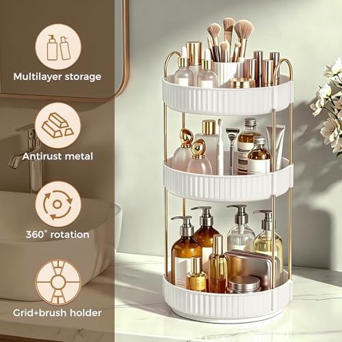 360° Rotating Makeup Organizer, Upgraded 3 Tier Skincare Perfume Organizers for Women, Bathroom Organizer Countertop, Clear Cosmetic Dresser Organizer with Makeup Brush Holder, Sink&Counter(White) - Image 5