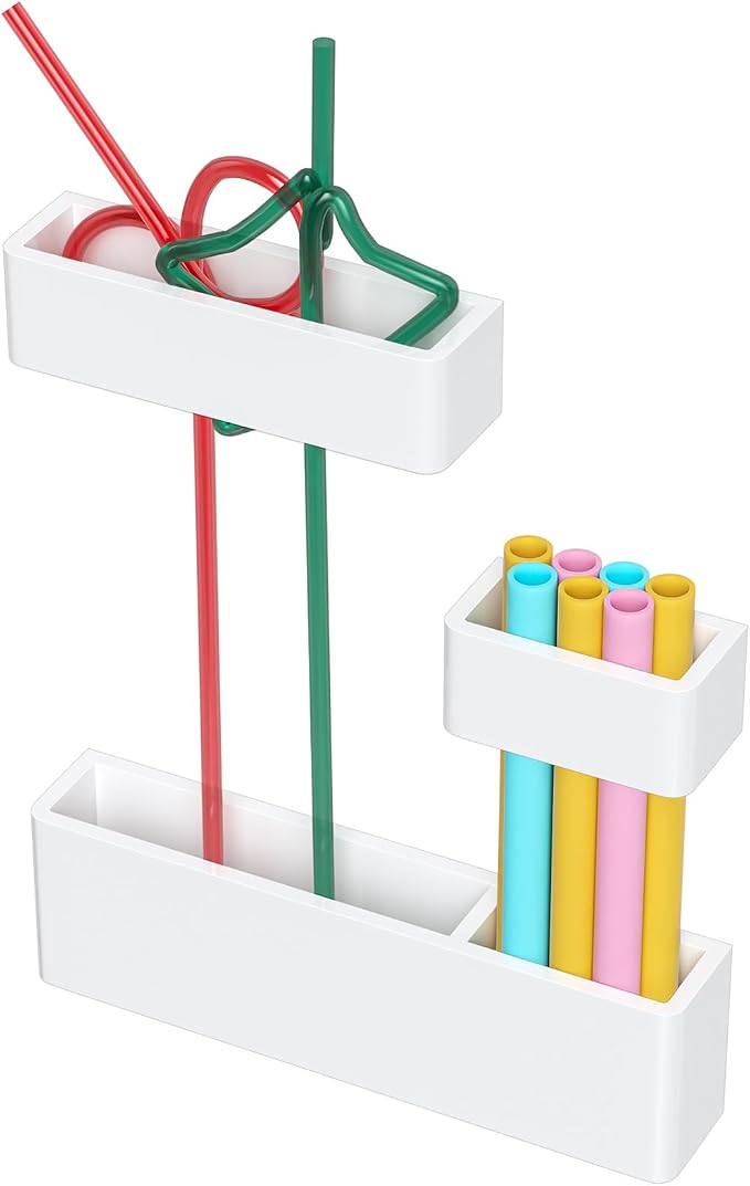 Acrylic Straw Organizer for Cabinet Door - 5.8'' White Adjustable 3-Part Reusable Drinking Straw Holder Dispenser Kitchen Accessories Container Cupboard Door Mounted by ENJOYYOURLIFE
