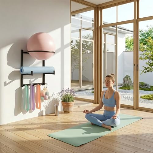 Wall Mounted Yoga Ball and Mat Holder, Space-Saving Home Gym Organizer and Storage Rack Fits 55-75cm Stability Ball with 5 Hooks for Resistance Bands and Equipment - Image 6