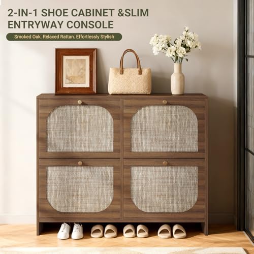 Nicetree Freestanding Ultra Slim Fluted Accent Shoe Storage Cabinet for Entryway - 4 Flip Drawers & 3-Tier Adjustable Shelves, Farmhouse Modern Rustic Shoe Rack for Hallway, Foyer, Living Room - Image 4
