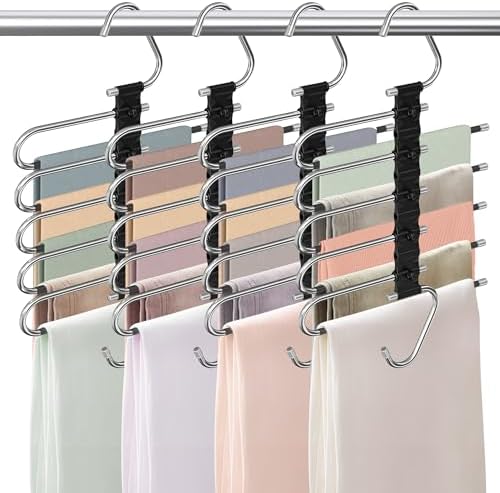 5 Layers Pants Hangers Space Saving Non-Slip Closet Organizer 4 Pack | Metal Space Saving Hangers Multi-Layer Multifunctional Rack Closet Organizers Storage for Skirts Jeans Trousers(Onyx Black) by Besslly
