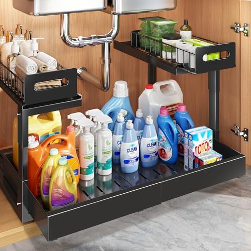 1 Pack Expandable Under Sink Organizers And Storage With Upgrade Ball-Bearing Slide Tracks,2-Tier Pull Out Under Cabinet Organizer Height Adjustable,Slide Out Under Sink Drawers-Black(Patent Pending) by UnderSinkOrganizer
