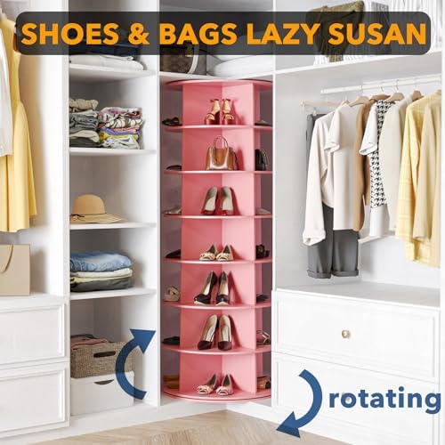 SpaceAid 7 Tier Rotating Shoe Rack Tower, Spinning Shoe Display Lazy Susan, Revolving 360 Shoe Rack Storage Round Carousel, Vertical Handbag Rotate Shoes Closet Organization (7-Tier Pink) - Image 4