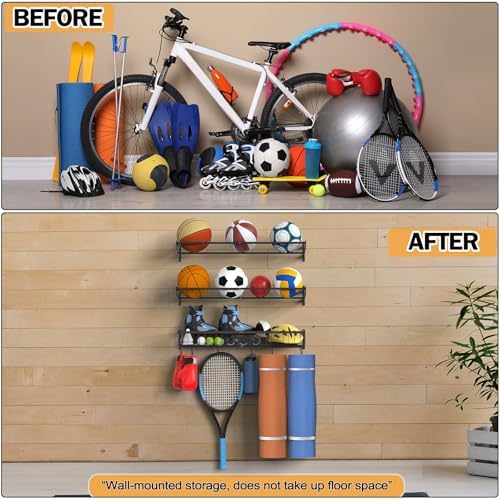 Ball Metal Holder Wall Mount Sports Organizer with 3Tier Shelf Garage Basketball Rack for Balls, Multi-Purpose Wall Ball Storage, Racks for Garage, Equipment Organizer with 6 Hooks, Metal Black（black） - Image 3