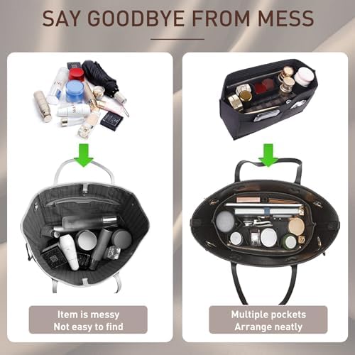 Doxo Purse Organizer Insert for Handbags & Base Shaper 2pc Set, Felt Neverfull PM Organizer Insert, Tote Bag Organizer with Zipper Pocket and Bottle Holder, Fit Neverfull PM and More, Black-M - Image 6