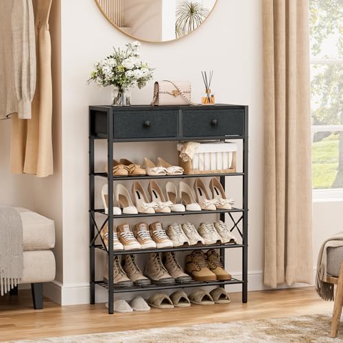 5 Tier Shoe Rack with 2 Drawers, 16-20 Pairs Black Grey - Image 4