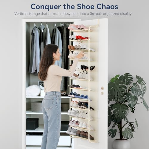 Whitmor 36 Pair Over The Door Shoe Organizer, 12 Tier Hanging Shoe Organizer, Heavy Duty Metal & Mesh Shoe Holder, Hanging Shoe Rack for Closet Organizer & Storage, 74"H x 21.7"W x 7.5"D, Beige - Image 3