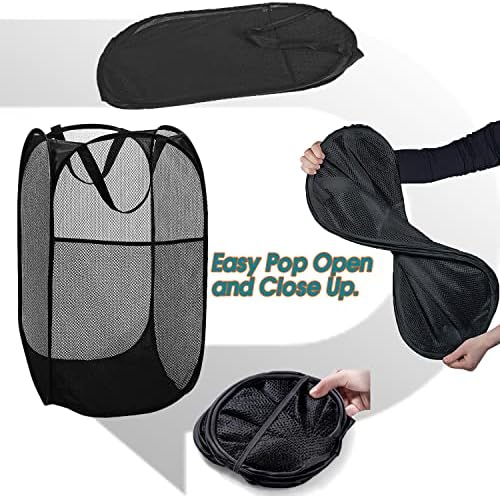 BATTOO Strong Mesh Pop Up Hampers for Laundry, Collapsible Laundry Baskets with Side Pocket Carry Handles for Laundry Room, Bathroom, Kids Room, College Dorm or Travel Black - Image 6