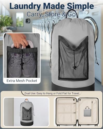 Laundry Bag with Shoulder Straps and Mesh Pocket Laundry Backpack Large Portable Laundry Hamper for College Laundromat Apartment - Image 3