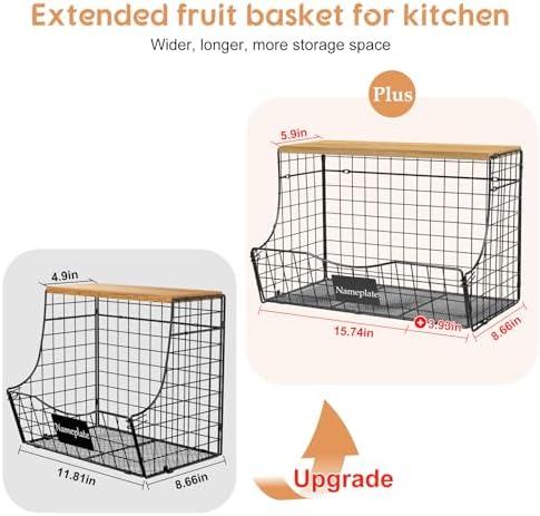 3 Pack Extra Large Fruit Basket for Kitchen with Wood Lid Nameplate - Counter&Wall Mounted Onion and Potato Storage Bin, Stackable Metal Hanging Wire Baskets,15.74 * 8.66 * 10.63 inch - Image 2