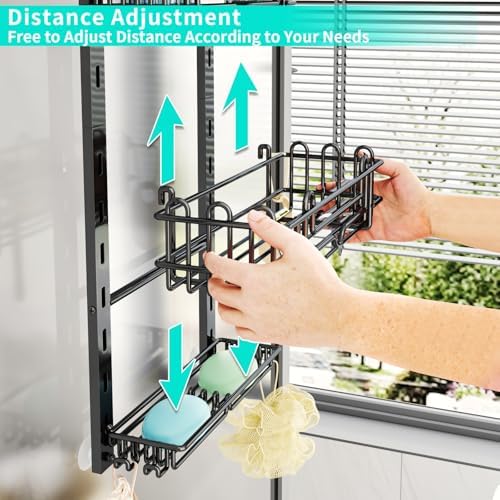HapiRm 3 Tier Over the Door Shower Caddy, Hanging Shower Caddy with 16 Hooks and 2 Soap Holders, No Drilling Adjustable Hanging Bathroom Organizer - Black - Image 2