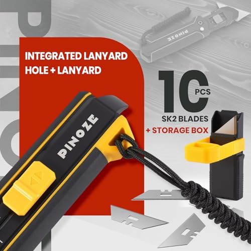 PINOZE Utility Knife Scraper, 3-in-1 Retractable Box Cutter with Lanyard & Blade Storage, Heavy Duty Zinc Alloy Multi-functional Knife with 10pcs SK2 Blades, EDC Tool for Home, Office, DIY - Image 6