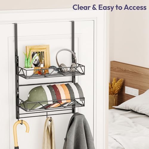 SWTYMIKI Over Door Hat Organizer - 3 Tier Wall Mounted Hat Rack with 2 Adjustable Metal Basket and 3 Hooks, Hanging Baseball Cap Organizer Storage Holds up to 29 Caps for Door, Bedroom, Closet - Image 6