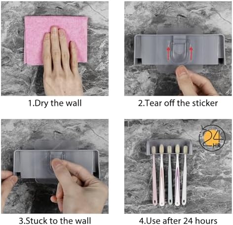 LUEXBOX 5 Slots Wall Mount Toothbrush Holder with Cover, Self Adhesive Toothbrush Storage Organizer for Shower, Toothbrush Hanger for Bathroom, Medicine Cabinet, Dorm (Grey) - Image 5