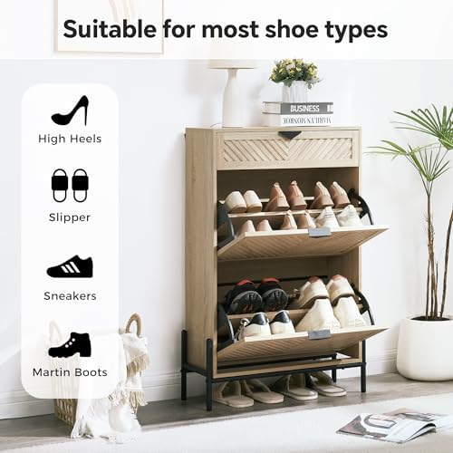 Shoe Cabinet with 2 Flip Drawers, Narrow Entryway Rack, Oak - Image 3