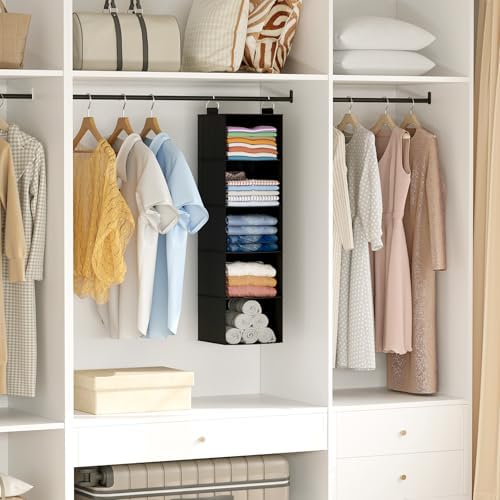 Lifewit Hanging Closet Organizer and Storage for Clothes 5 Tier | Portable, Foldable, Fabric, Top of Shelves with 2 Sturdy Hooks, Clothing Organization for Wardrobe, Dorm, Bedroom, Black - Image 2