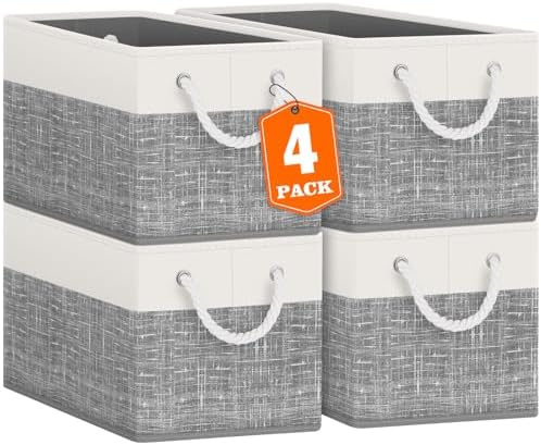 Fab totes Storage Bins 4-Pack, Foldable Storage Baskets for Organizing Toys, Books, Shelves, Closet, Large Storage Box with Rope Handles, Sturdy Organizer Bins, White & Grey by Fabtotes