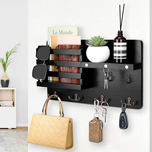 Decorative Key Hanging Rack with 10 Hooks – Easy Install Natural Wooden Key and Mail Holder for Wall Mount – Entryway Decor Rack with Shelf (Black) - Image 6