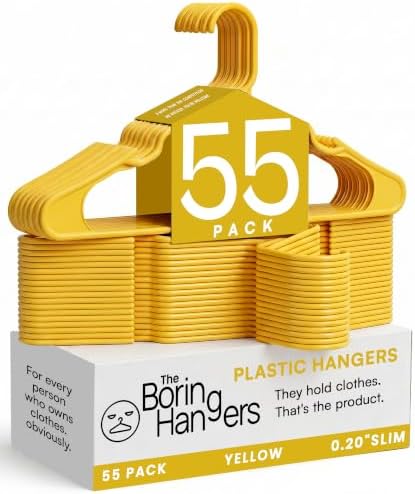 Yellow Plastic Hangers 55 Pack - 10 lb Heavy Duty Yellow Clothes Hangers for Closet, Kids Room Coat Hangers - 0.20" Slim & Cheerful Colored Hangers for Shirts, Skirt, Dresses by TheBoringHangers