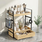 2-Tier Bathroom Counter Organizer with Drawer Basket and Hooks, Wood Bathroom Organizers and Storage for countertop, Farmhouse Brown Countertop Organizer, Counter Shelf for Vanity, Kitchen, Office - Image 2