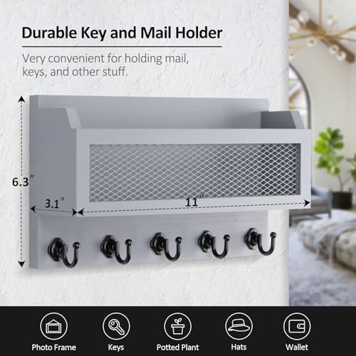 Nekon Mail and Key Holder for Wall Decorative, 11 Inch Mail Holder, Gray - Image 6
