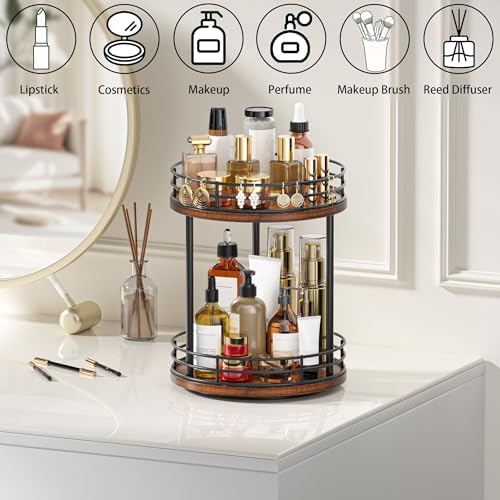 2-Tier Rotating Bathroom Countertop Organizer, Wooden Makeup Vanity Storage, Multifunctional Lazy Susan Turntable for Skincare, Perfume and Cosmetics (Brown) - Image 2
