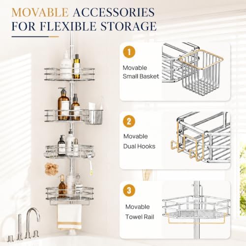 SEIRIONE Corner Shower Caddy Tension Pole, Quick Setup, Rust-Free Bathroom Shower Organizer Corner for Bathtub Shampoo Storage, 4-Tier Adjustable Shelf, Drill Free, Fits 34 to 116 Inch Height, Silver - Image 4