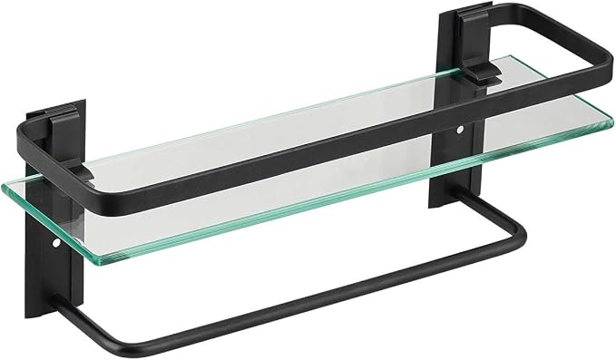 VOLPONE Bathroom Glass Shelf with Towel Bar Black Bathroom Shelf Wall Mount Rustproof Bathroom Wall Organizer Towel Rails1 Tier (Black) - Image 6