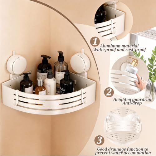 No-Drilling Corner Suction Cup Shower Caddy(1-Pack Cream White),Rust-Proof and Durable Bathroom Organizer with Towel Bar & Hooks,Modern Large-Capacity Wall-Mounted Shower Shelf - Image 2